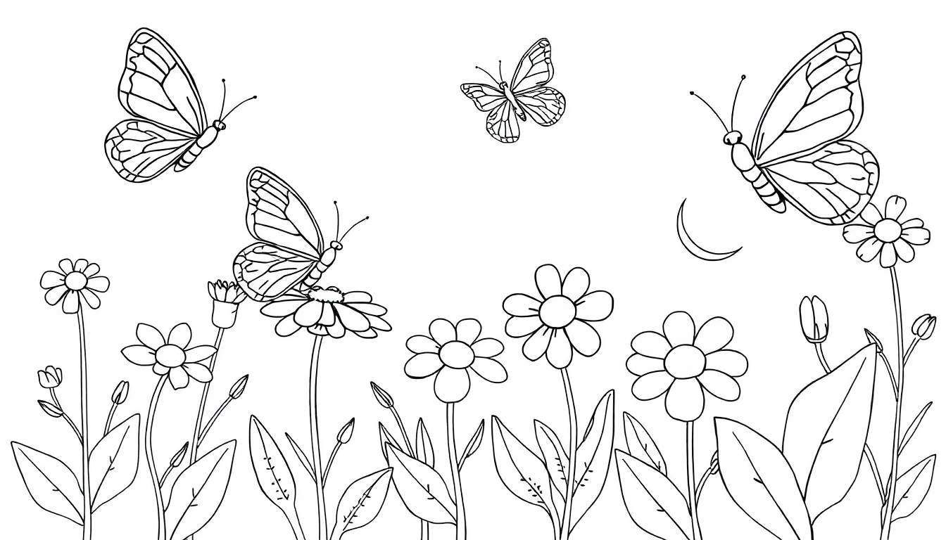 Placa de color de un jardín con mariposas y una luna creciente.