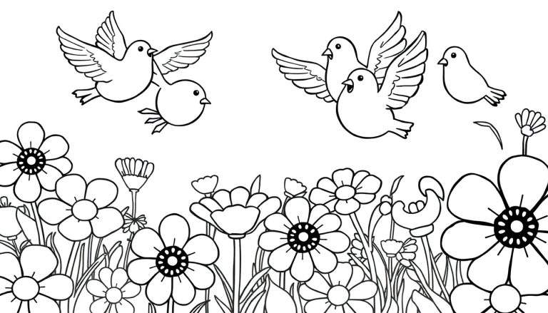 Una placa de color con pájaros y flores para colorear.
