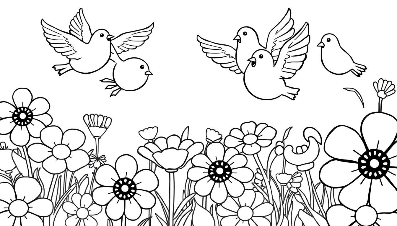 Una placa de color con pájaros y flores para colorear.