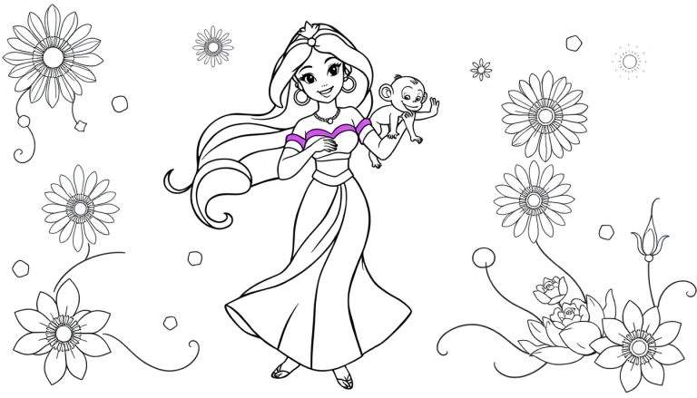 Página para colorear de Jasmine y Abu rodeados de flores y adornos orientales.