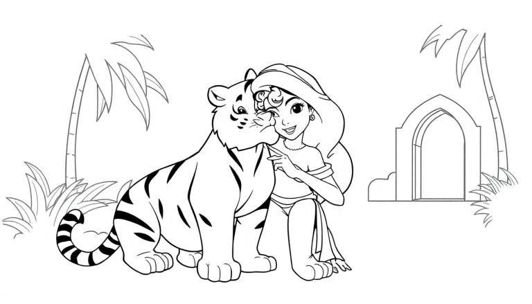 Placa de color de Jasmine y Rajah, con Jasmine acariciando a su tigre.