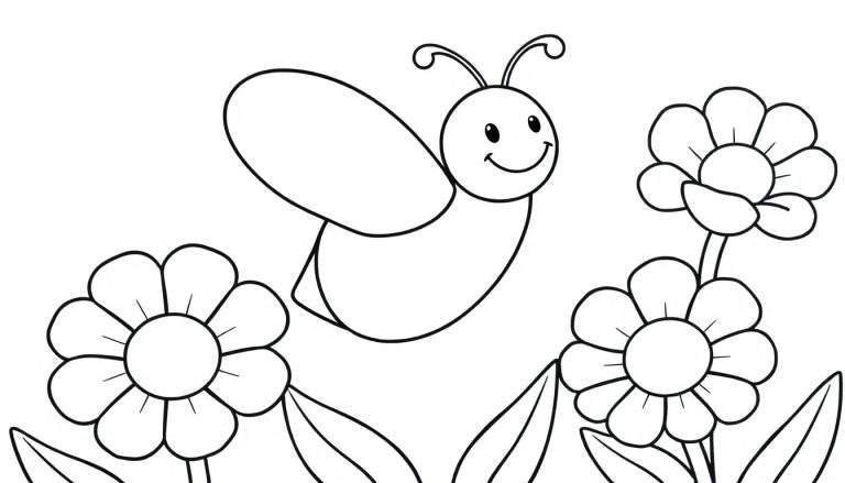 Placa de color de una abeja amigable y flores para colorear.