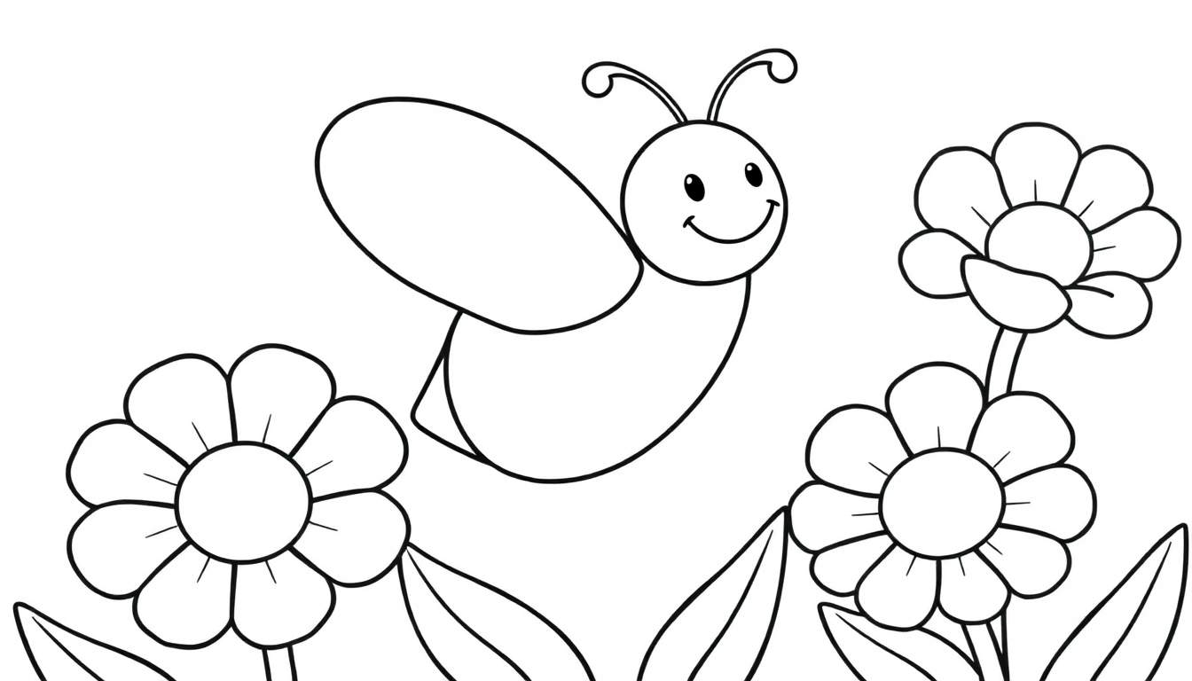 Placa de color de una abeja amigable y flores para colorear.
