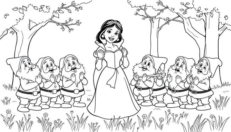 Dibujo para colorear de Blancanieves rodeada por los Siete Enanitos en un bosque, todos sonriendo y algunos tocando música.