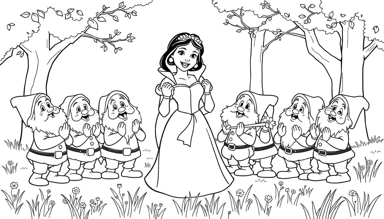 Dibujo para colorear de Blancanieves rodeada por los Siete Enanitos en un bosque, todos sonriendo y algunos tocando música.