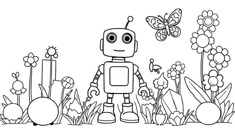 Placa de color: Un robot amigable en un jardín