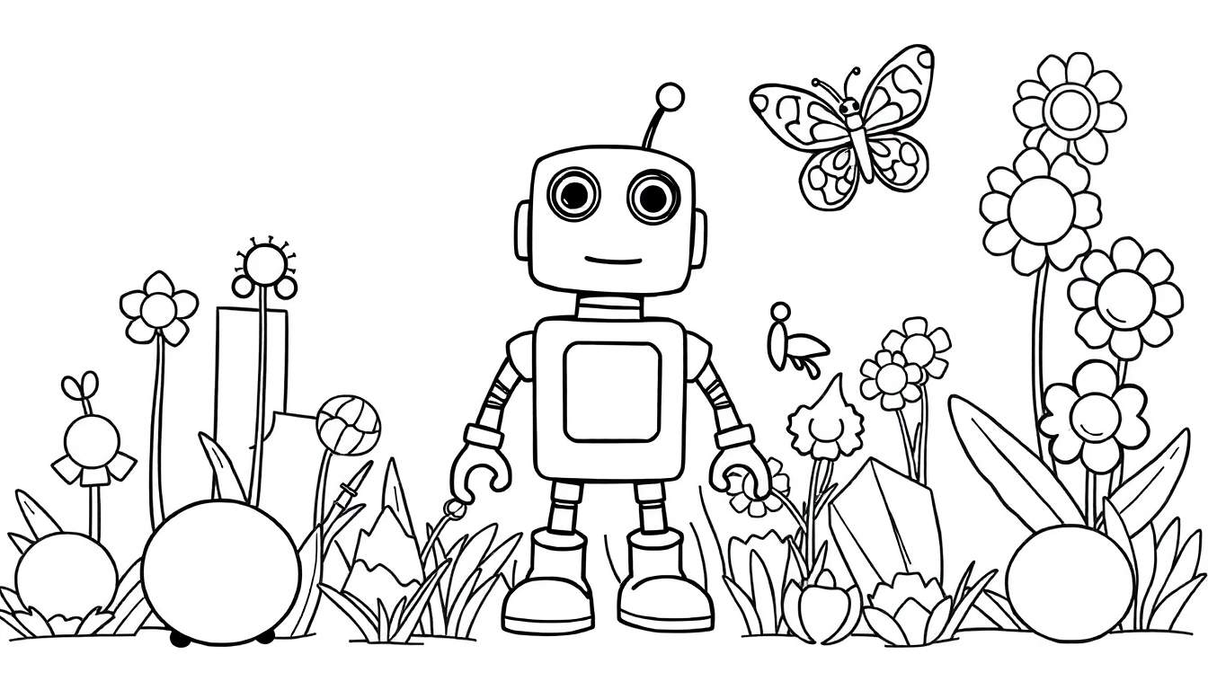 Placa de color: Un robot amigable en un jardín
