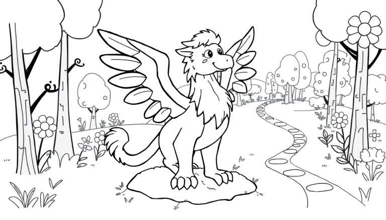 Un dragón amistoso listo para colorear en una isla con árboles y flores en una placa de color.