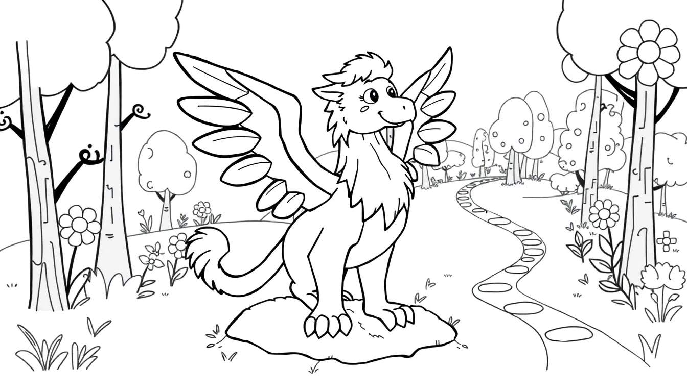 Un dragón amistoso listo para colorear en una isla con árboles y flores en una placa de color.