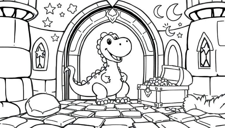 Placa de color: un dragón amigable en un castillo de fantasía.
