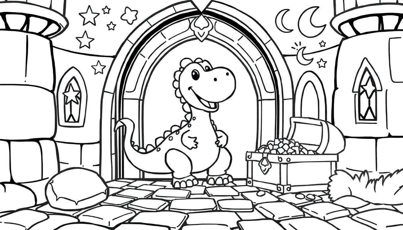 Placa de color: un dragón amigable en un castillo de fantasía.