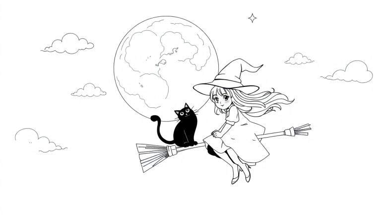 Placa de color para colorear de una brujita linda volando en una escoba con su gato negro bajo una luna llena detallada.