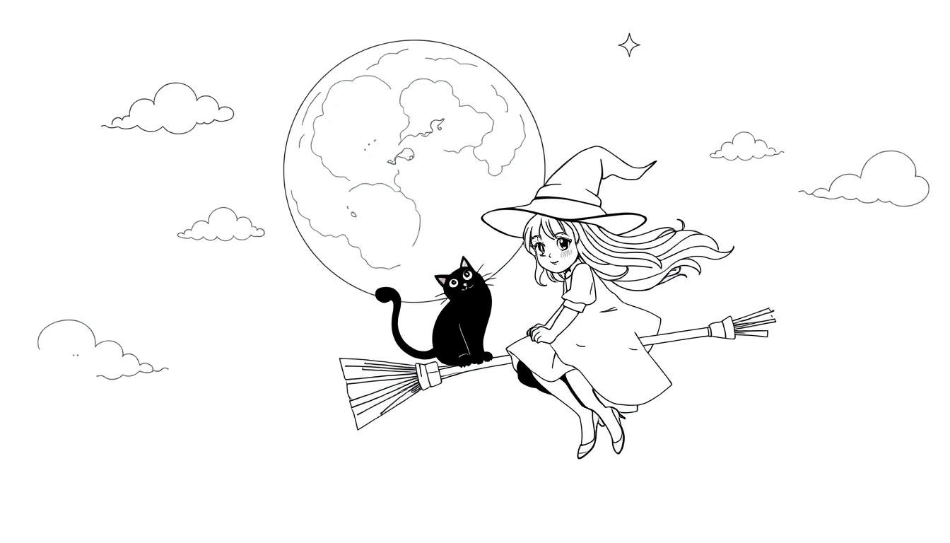 Placa de color para colorear de una brujita linda volando en una escoba con su gato negro bajo una luna llena detallada.