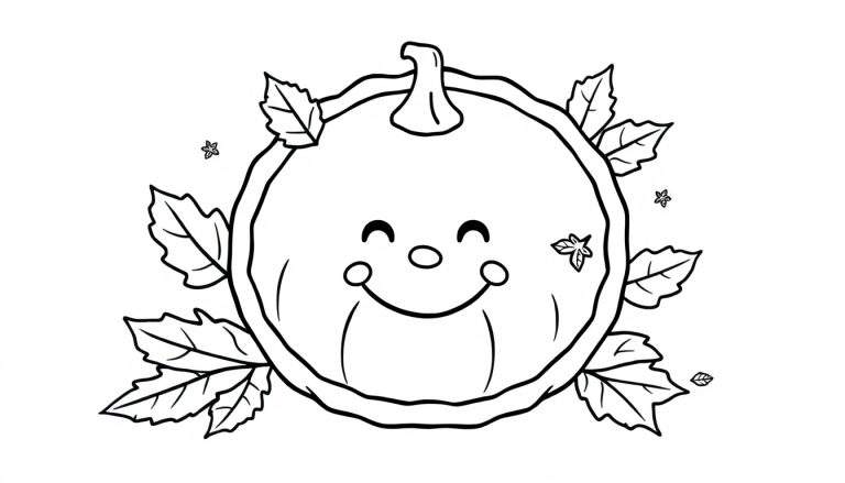 Placa de color de una calabaza sonriente con hojas de otoño.