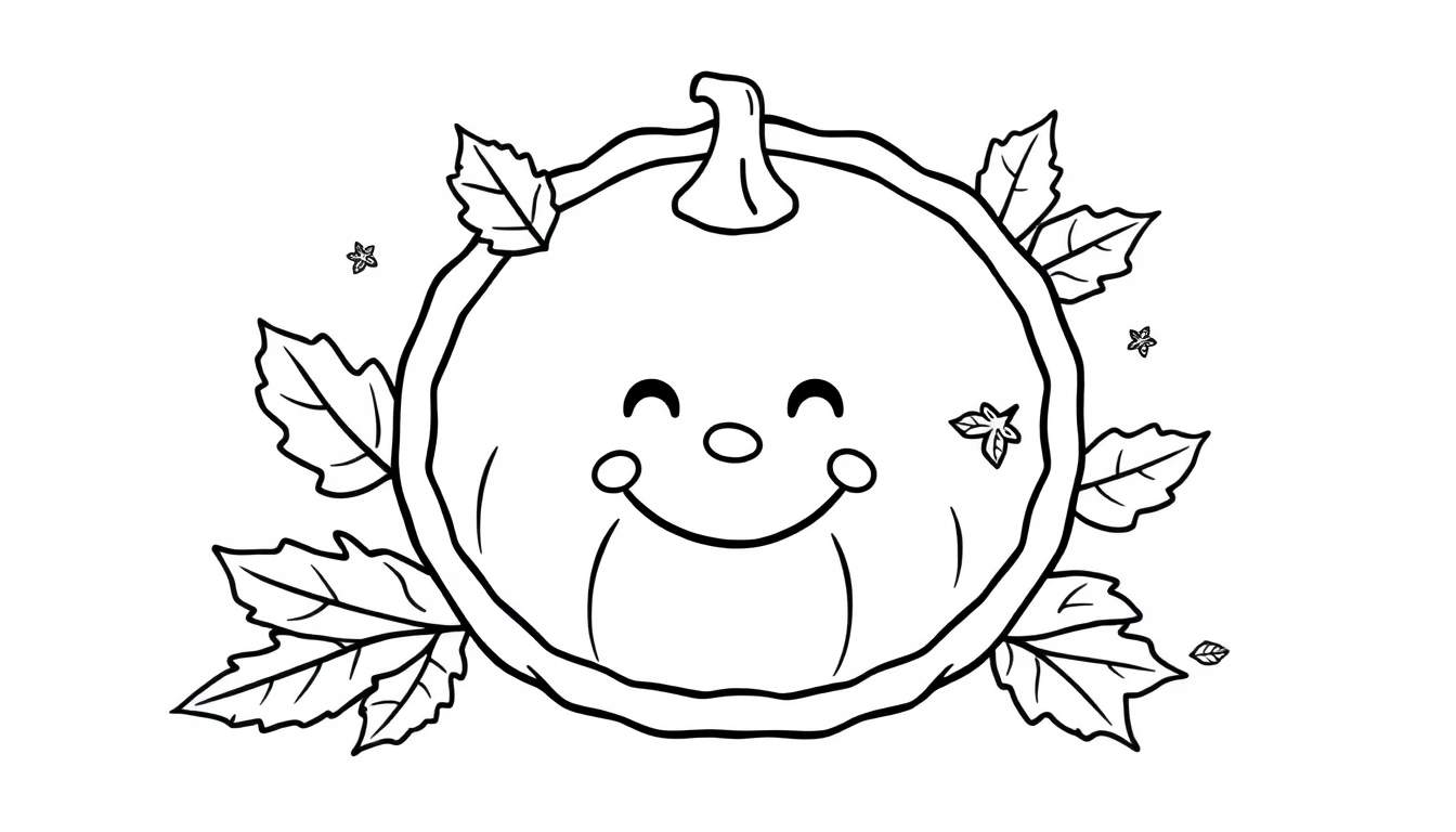 Placa de color de una calabaza sonriente con hojas de otoño.