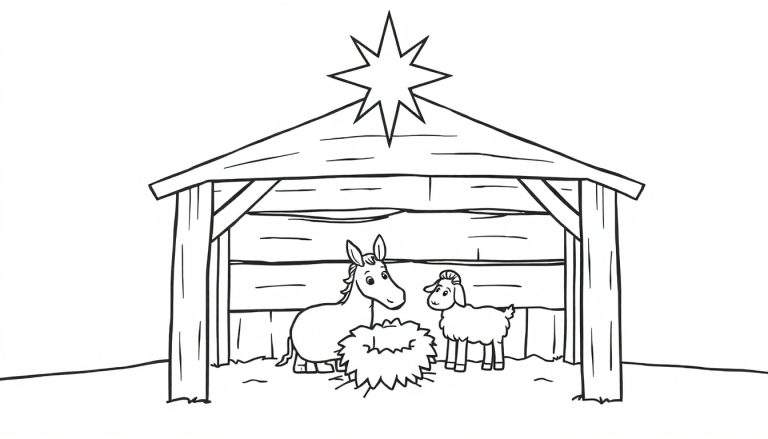 Placa de color de la Natividad con burro, oveja y estrella.