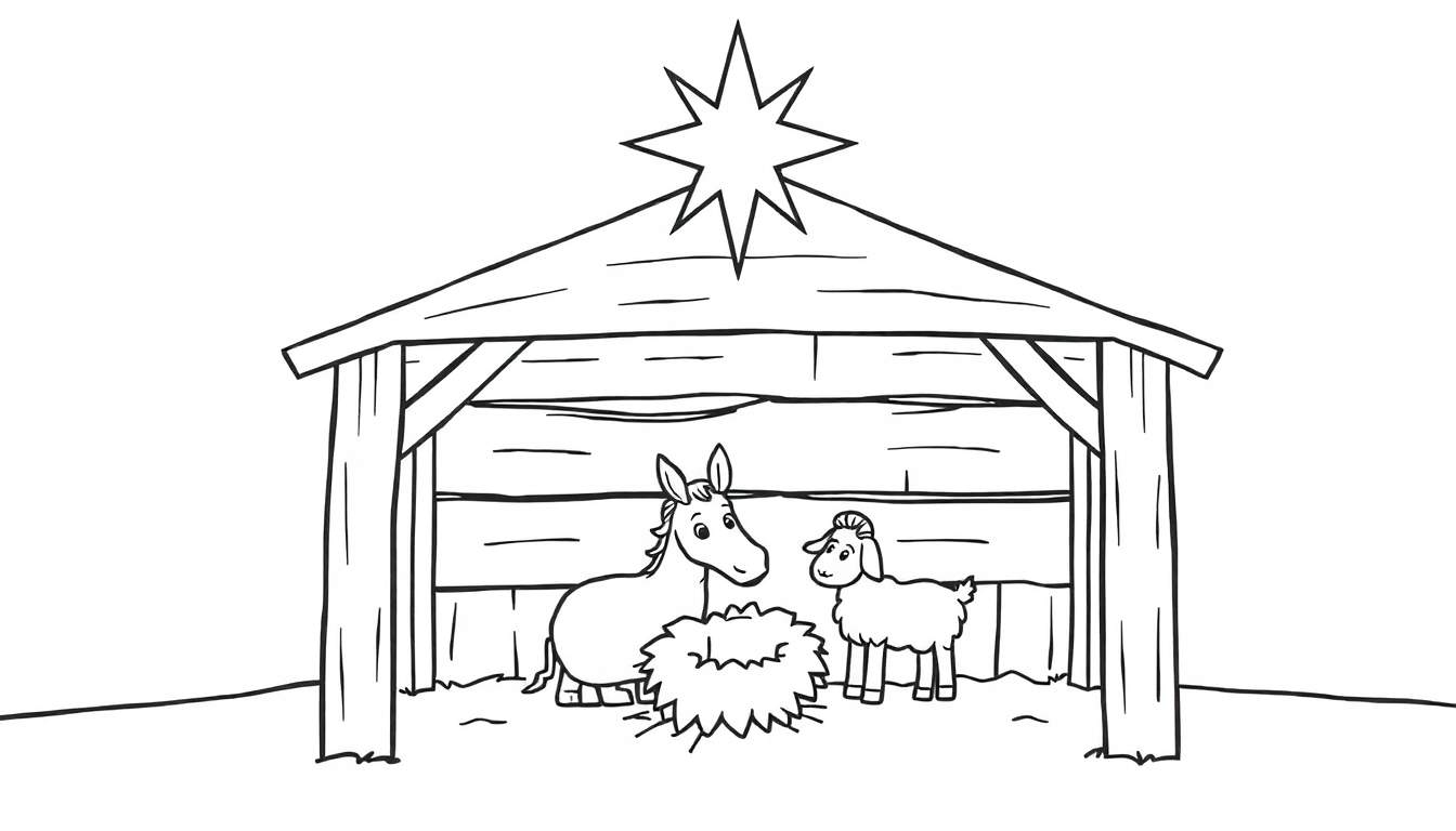 Placa de color de la Natividad con burro, oveja y estrella.