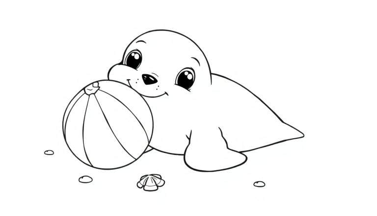 Una foca bebé sonriente abrazando una pelota de playa a rayas, lista para ser coloreada en esta placa de color.