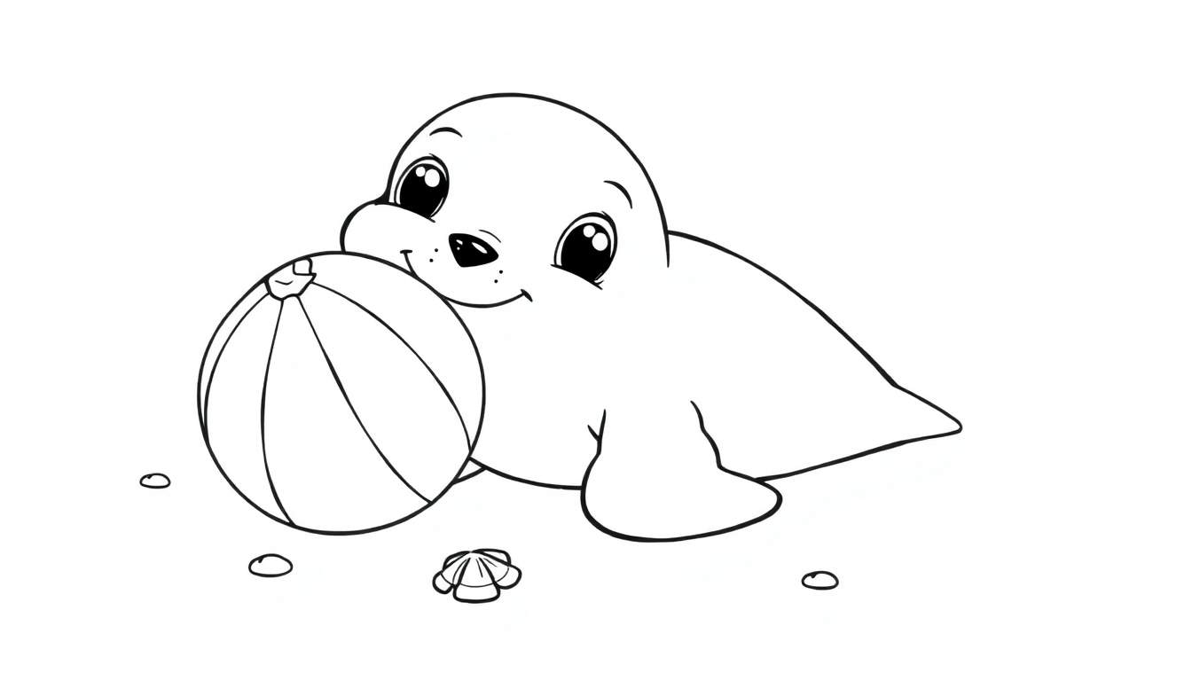 Una foca bebé sonriente abrazando una pelota de playa a rayas, lista para ser coloreada en esta placa de color.