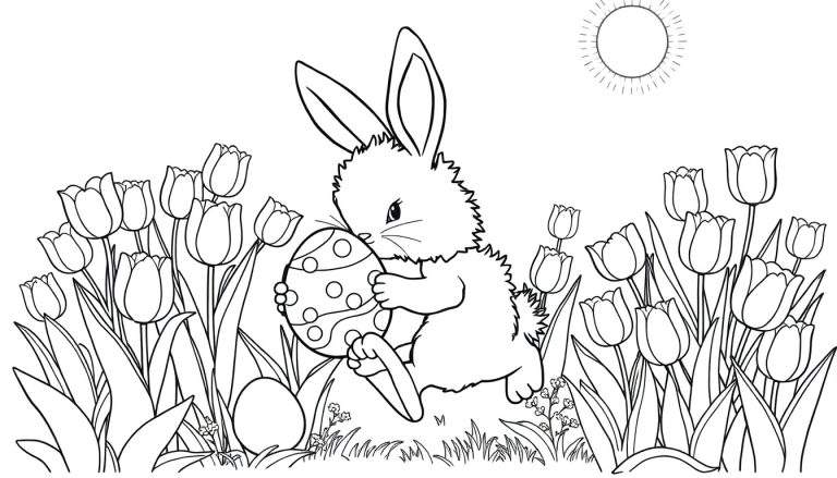 Placa de color: Conejito de Pascua con huevo decorado rodeado de tulipanes y sol.
