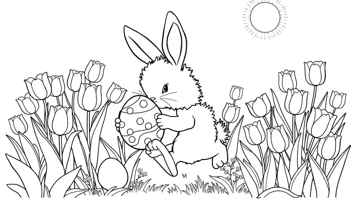 Placa de color: Conejito de Pascua con huevo decorado rodeado de tulipanes y sol.
