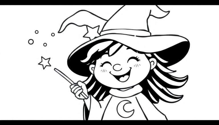 Placa de color de una joven bruja sonriente conjurando magia con una varita.