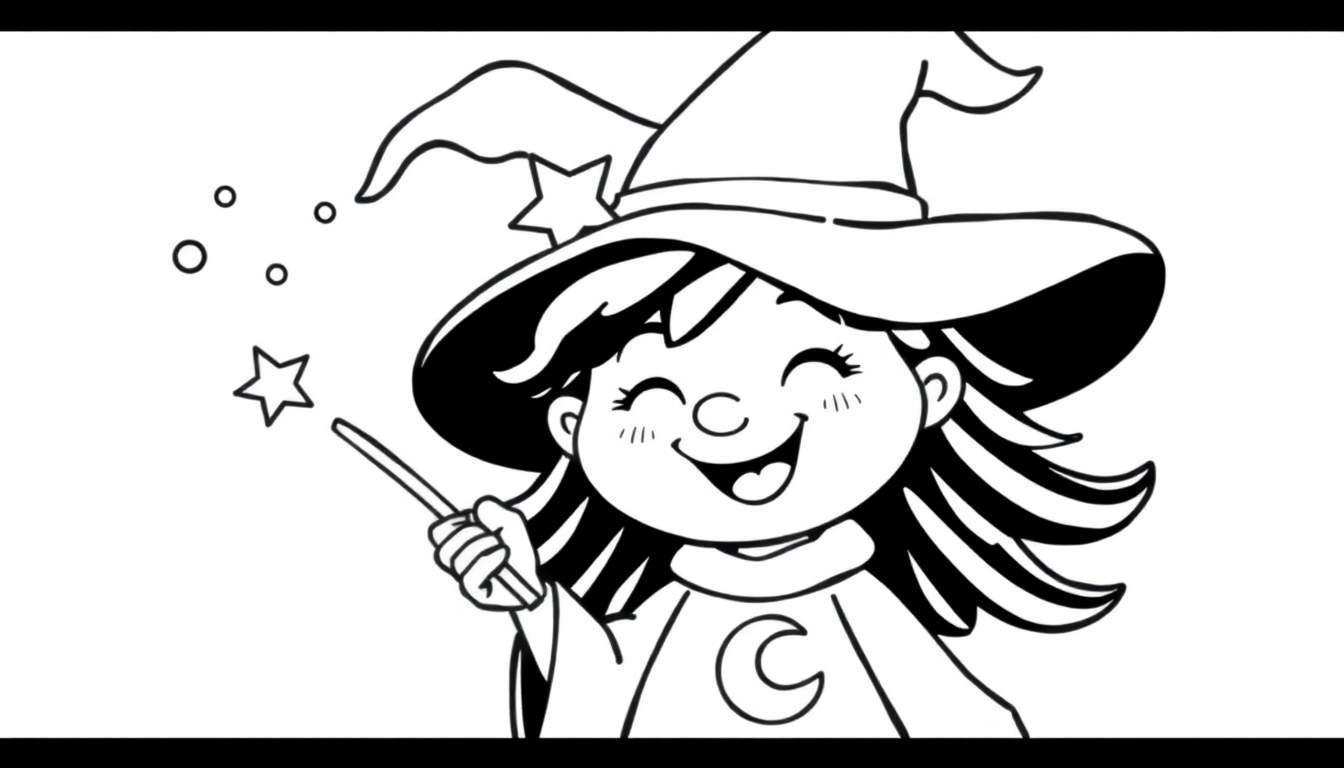 Placa de color de una joven bruja sonriente conjurando magia con una varita.