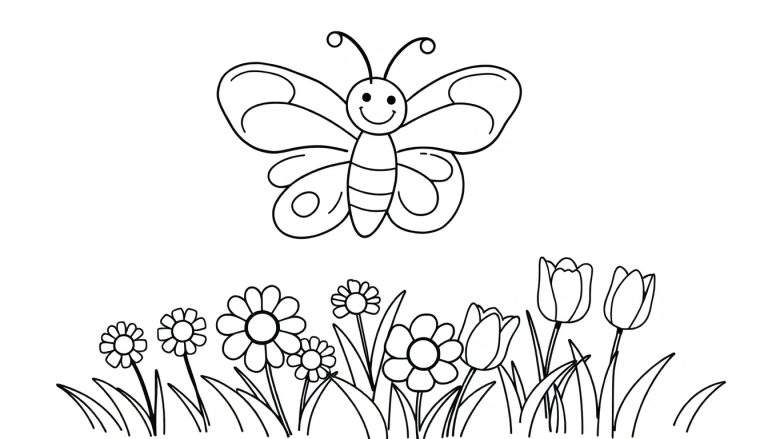 Una placa de color con una mariposa sonriente sobre flores.