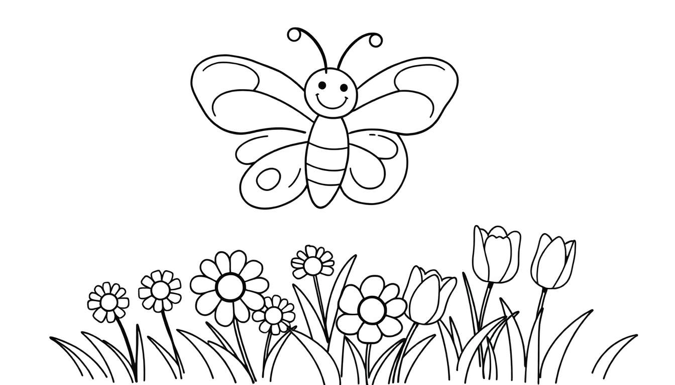 Una placa de color con una mariposa sonriente sobre flores.