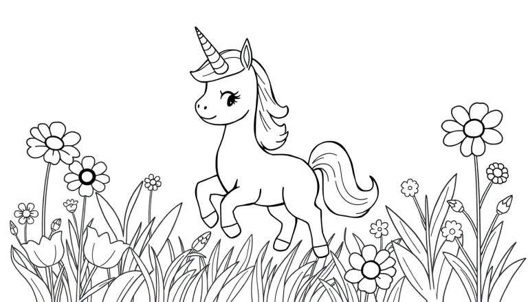 Placa de color: Bella, la unicornio, corriendo en un campo de flores.