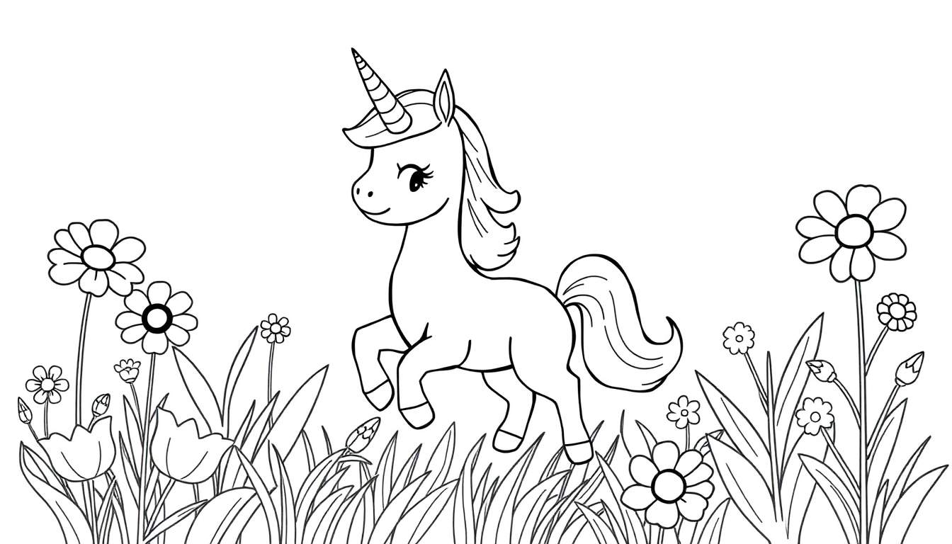 Placa de color: Bella, la unicornio, corriendo en un campo de flores.