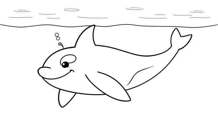 Orca amigable, lista para ser coloreada, con burbujas, sobre una placa de color.