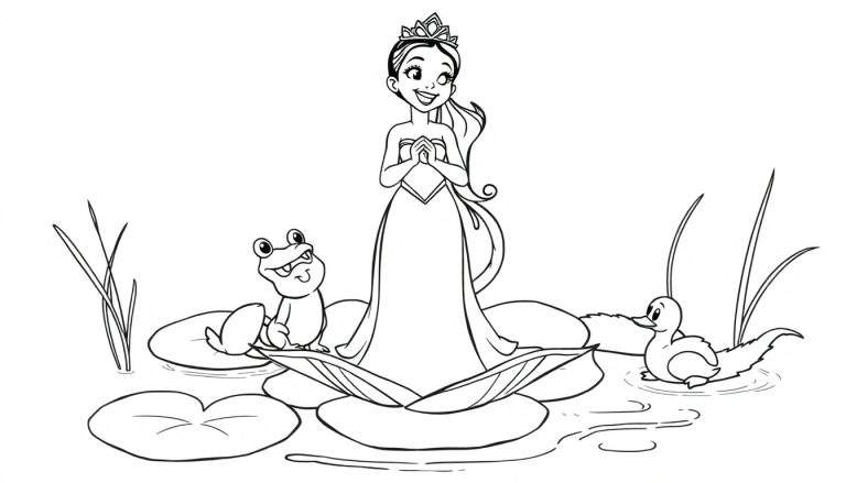 Placa de color de la Princesa Tiana cantando con una rana y un patito.