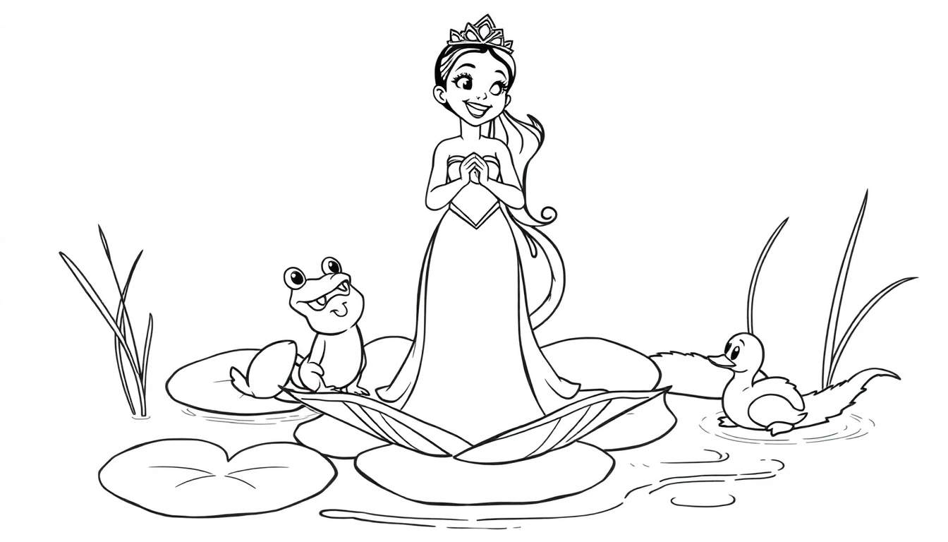 Placa de color de la Princesa Tiana cantando con una rana y un patito.