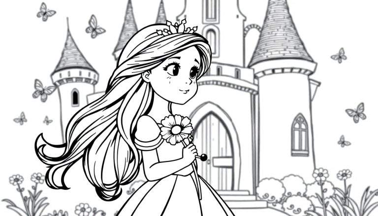 Placa de color de una princesa soñadora frente a un castillo mágico con mariposas y flores.