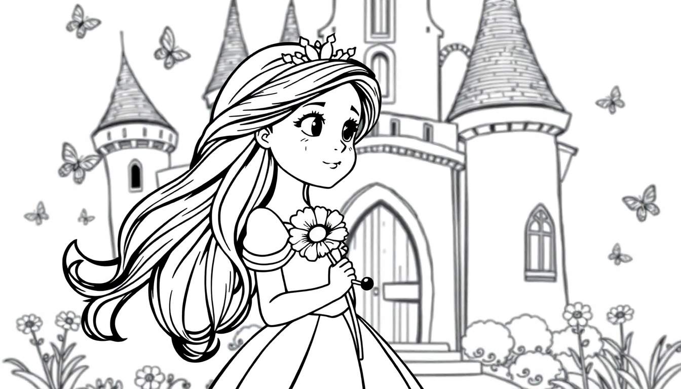 Placa de color de una princesa soñadora frente a un castillo mágico con mariposas y flores.