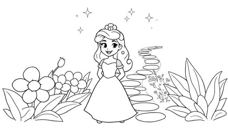 Placa de color de una princesa de dibujos animados sonriente en un jardín mágico.