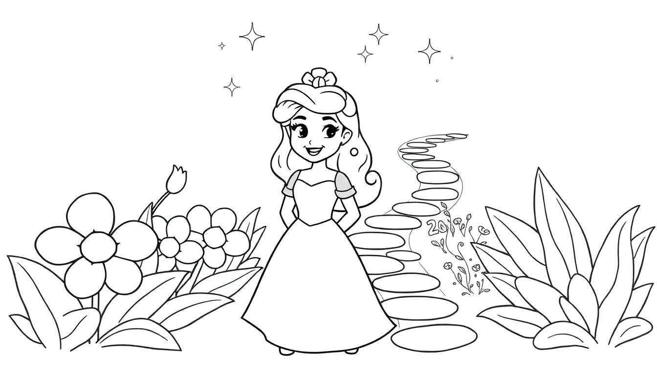 Placa de color de una princesa de dibujos animados sonriente en un jardín mágico.