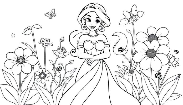 Placa de color de una princesa sonriente en un jardín florido.