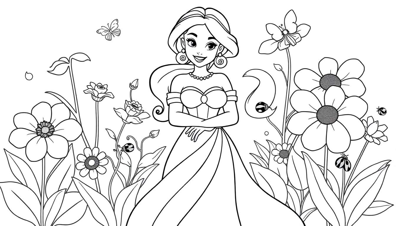 Placa de color de una princesa sonriente en un jardín florido.