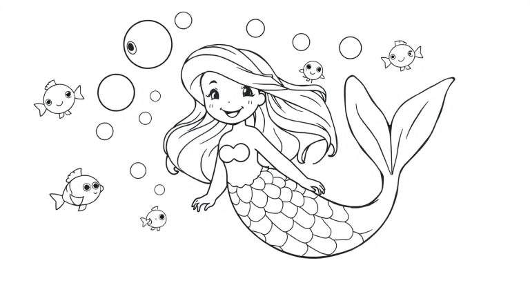 Placa de color de una sirena sonriente con burbujas y peces.