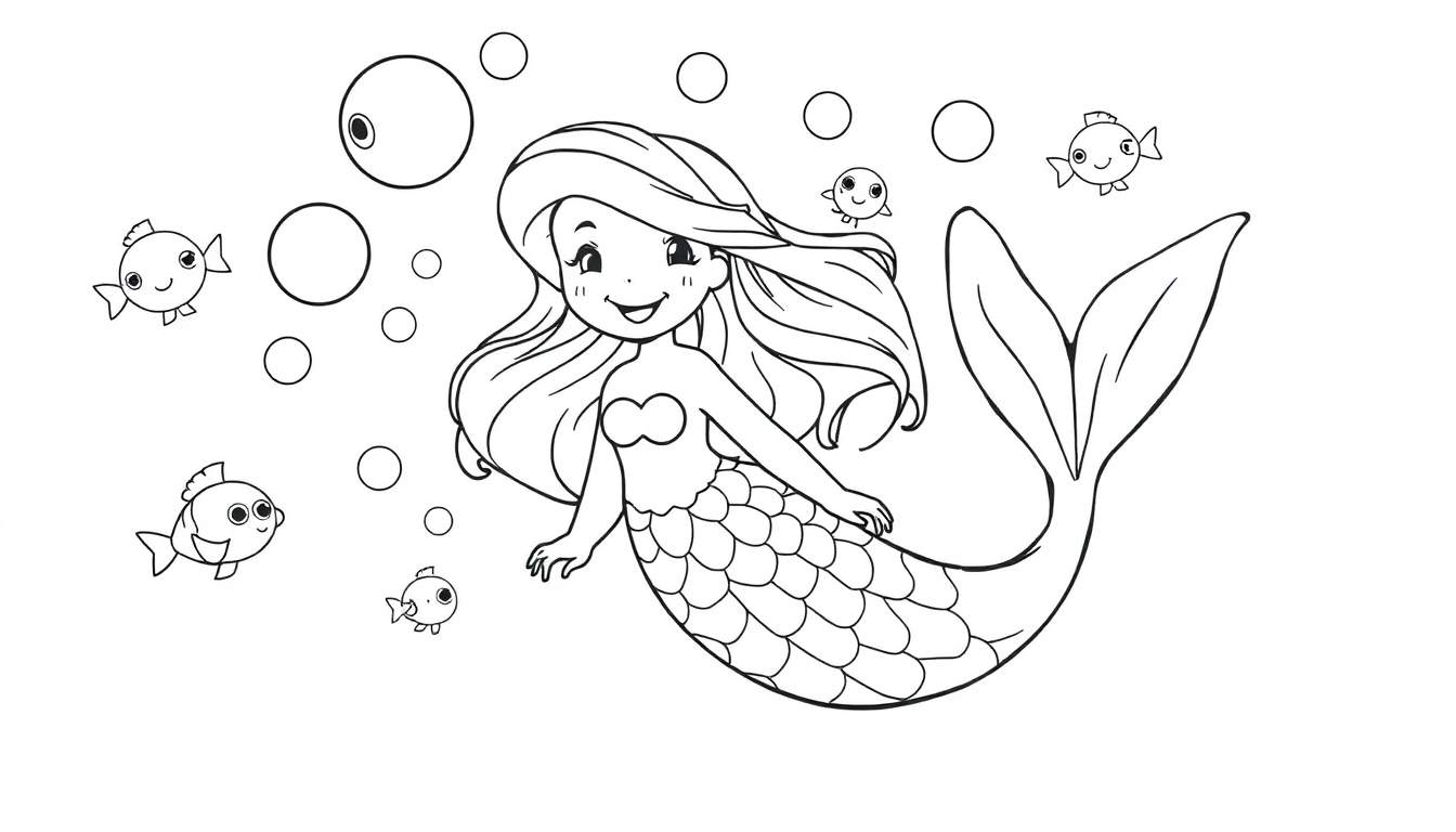 Placa de color de una sirena sonriente con burbujas y peces.