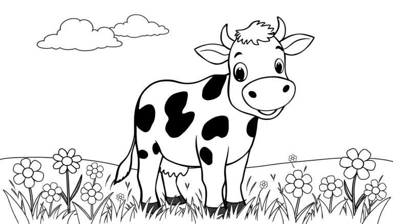 Placa de color de una vaca feliz en un prado con flores y nubes.