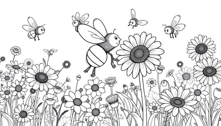 Ilustración de una placa de color con abejas y flores para colorear.
