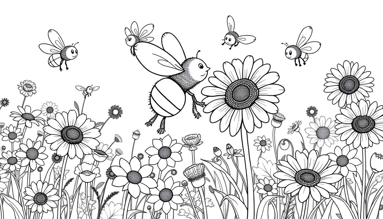 Ilustración de una placa de color con abejas y flores para colorear.