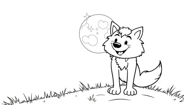 Placa de color de un lobo de dibujos animados amigable bajo la luna llena.