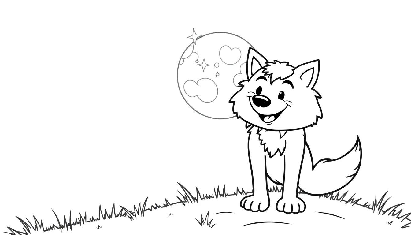 Placa de color de un lobo de dibujos animados amigable bajo la luna llena.