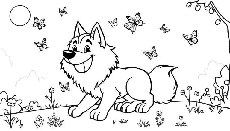 Placa de color para colorear de un lobo amigable con mariposas.