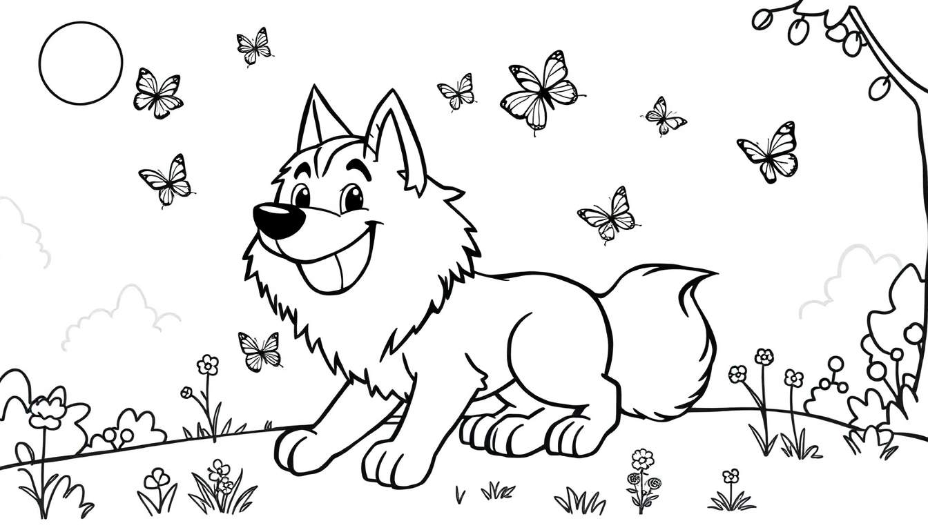 Placa de color para colorear de un lobo amigable con mariposas.
