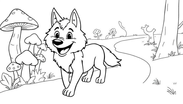 Placa de color de un lobo sonriente en un bosque con hongos.